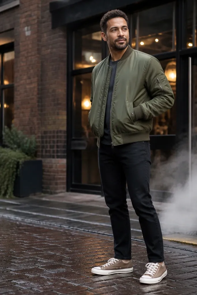 Black tapered jeans with an olive bomber and tan Converse