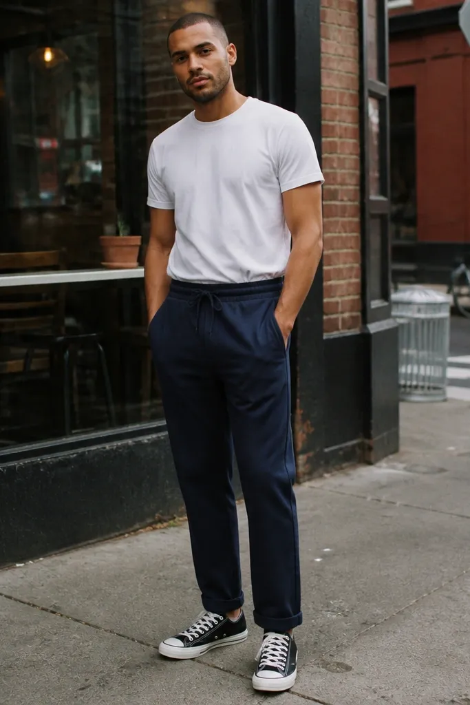 Navy sweatpants with a white tee and black Converse low-tops