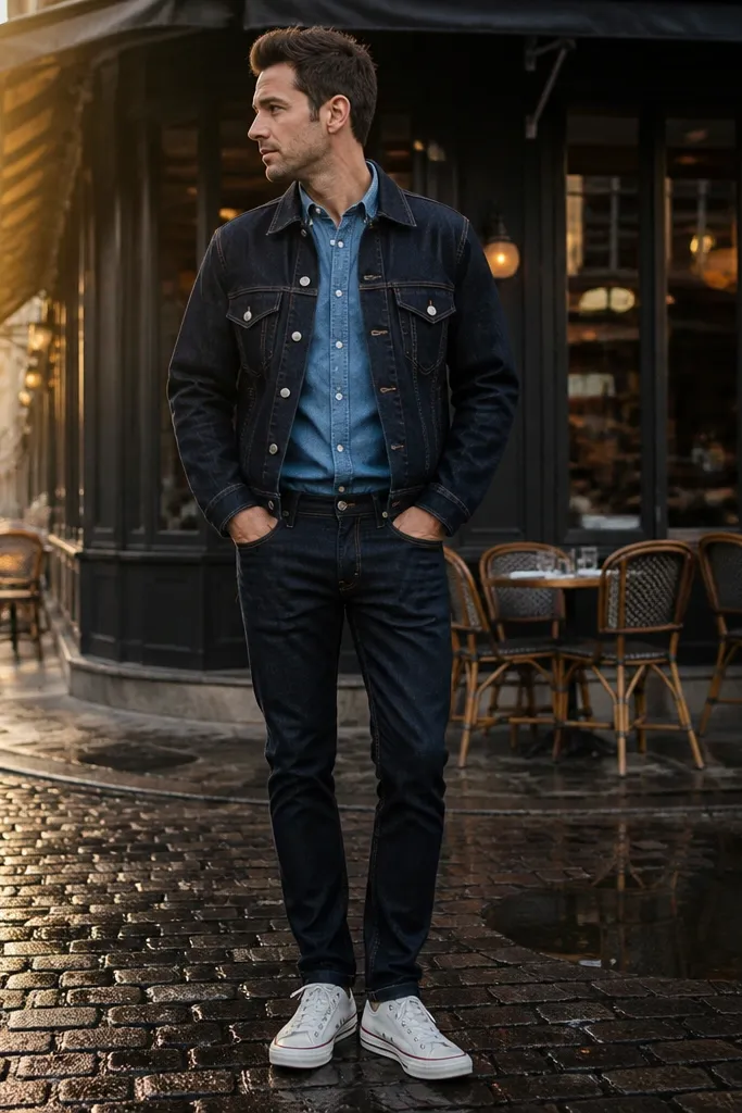 Dark denim jacket and jeans with a light blue shirt and white Converse