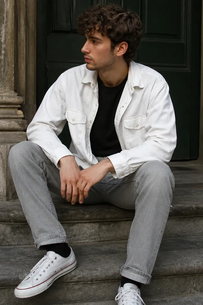 Black tee under an oversized white work shirt with grey jeans and white Converse