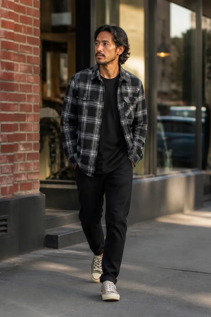 Plaid flannel with black jeans and gum-soled Converse