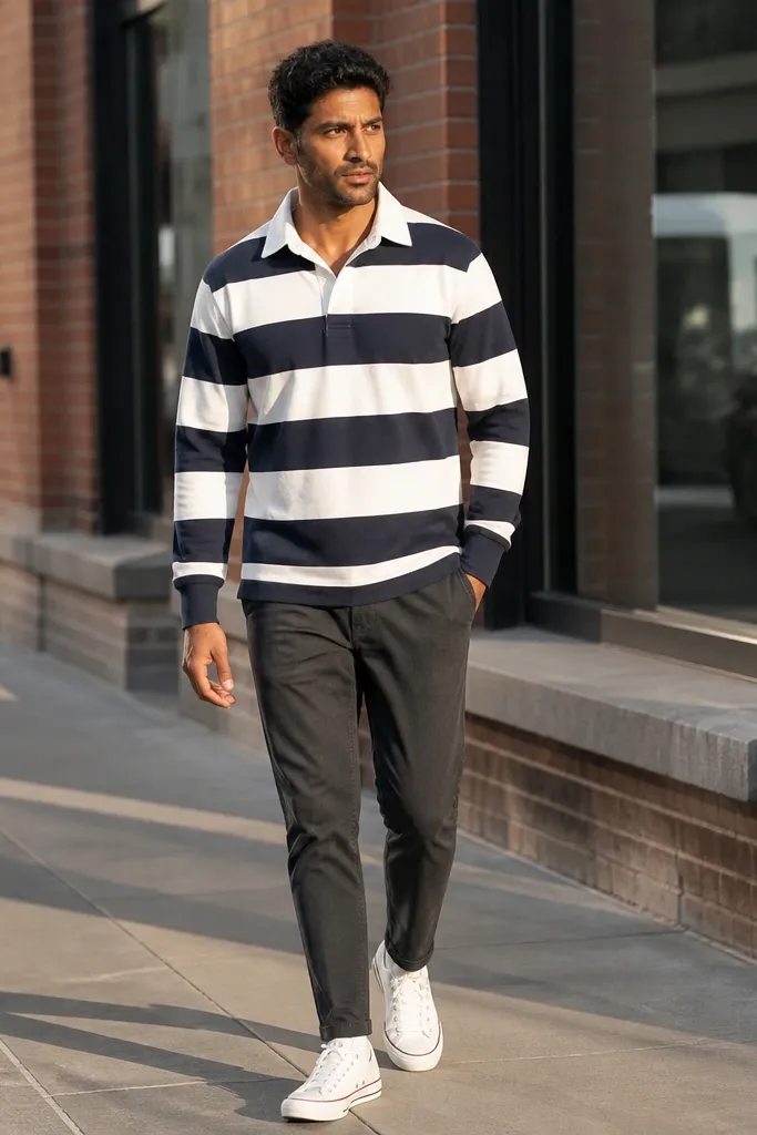 Striped rugby shirt with dark chinos and white Converse low-tops