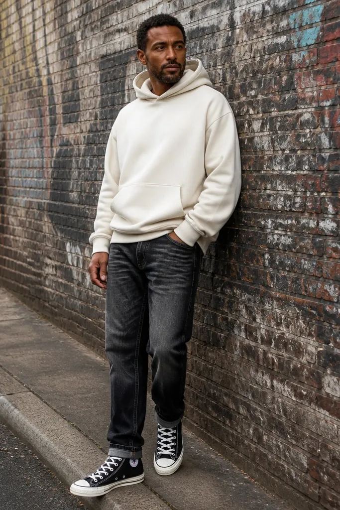 Cream hoodie with washed black jeans and black Converse high-tops