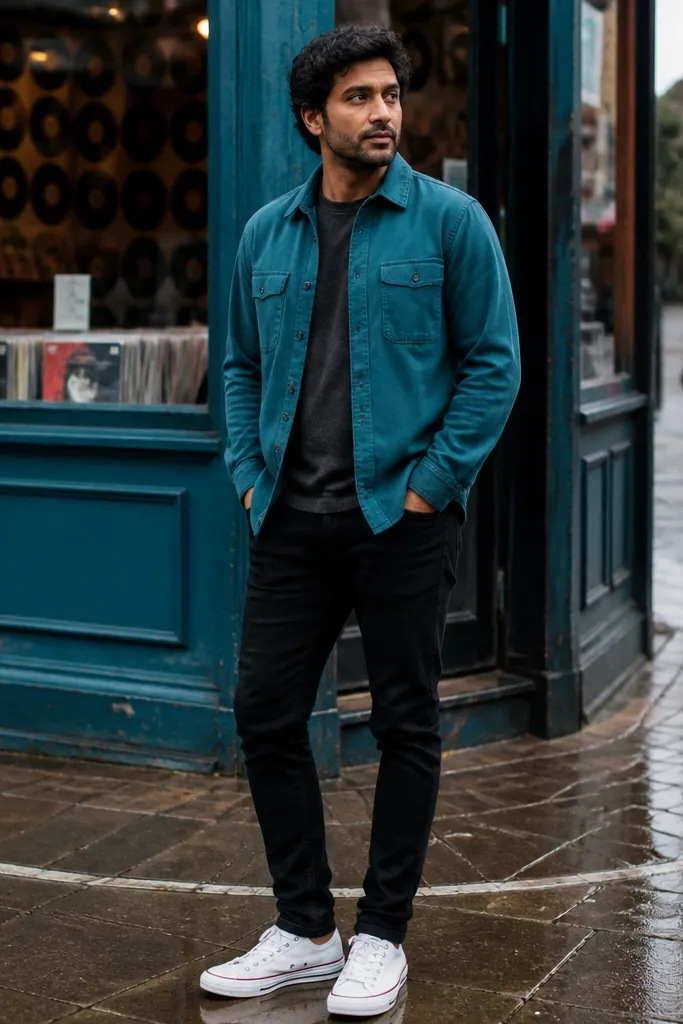 Teal overshirt with black skinny-straight jeans and white Converse