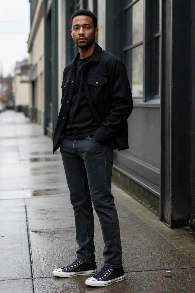 Black high-top Converse with charcoal straight jeans and an oversized black tee