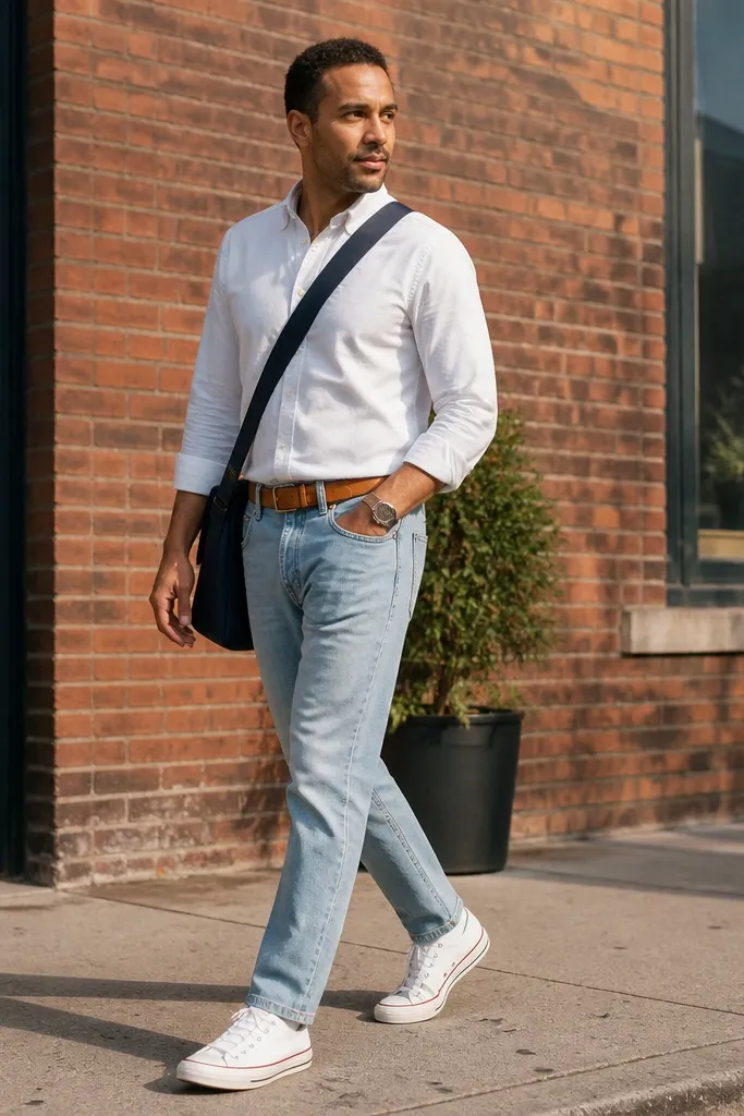 White low-top Converse with light-wash jeans and a white button-down shirt