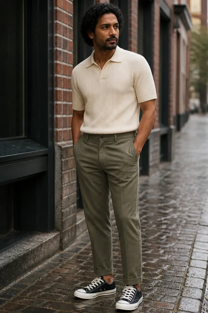 Cream knit polo with olive chinos and black low-top Converse sneakers