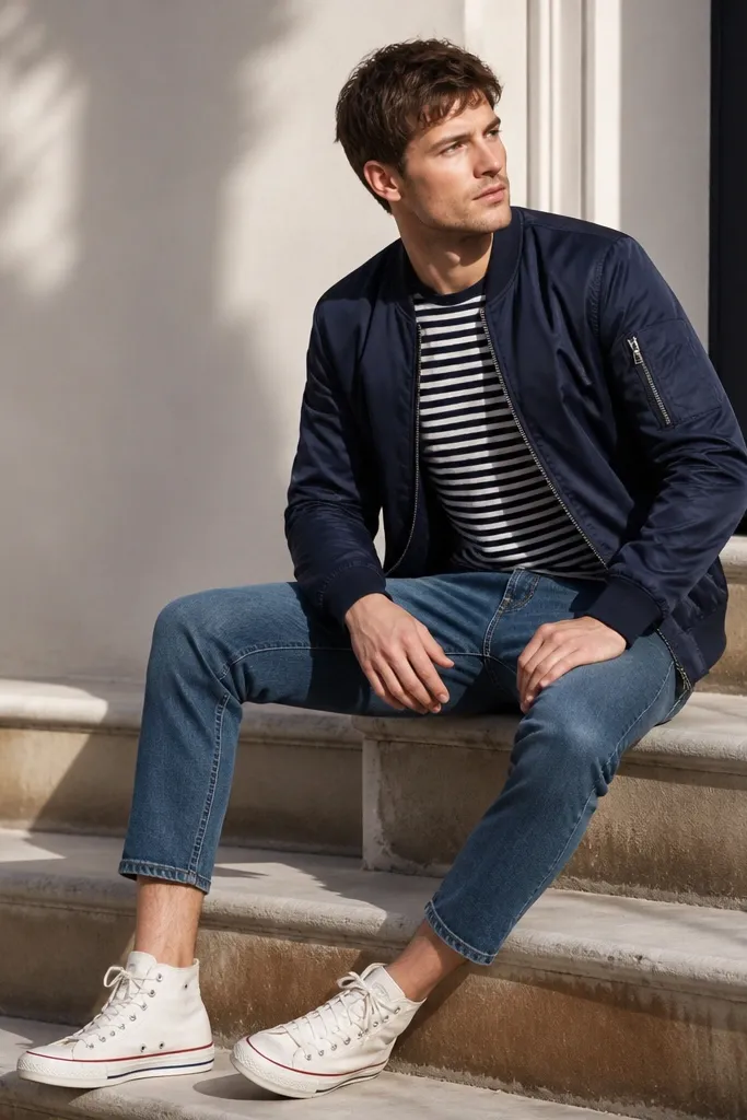 Navy bomber jacket with striped tee, cropped jeans, and white low-top Converse