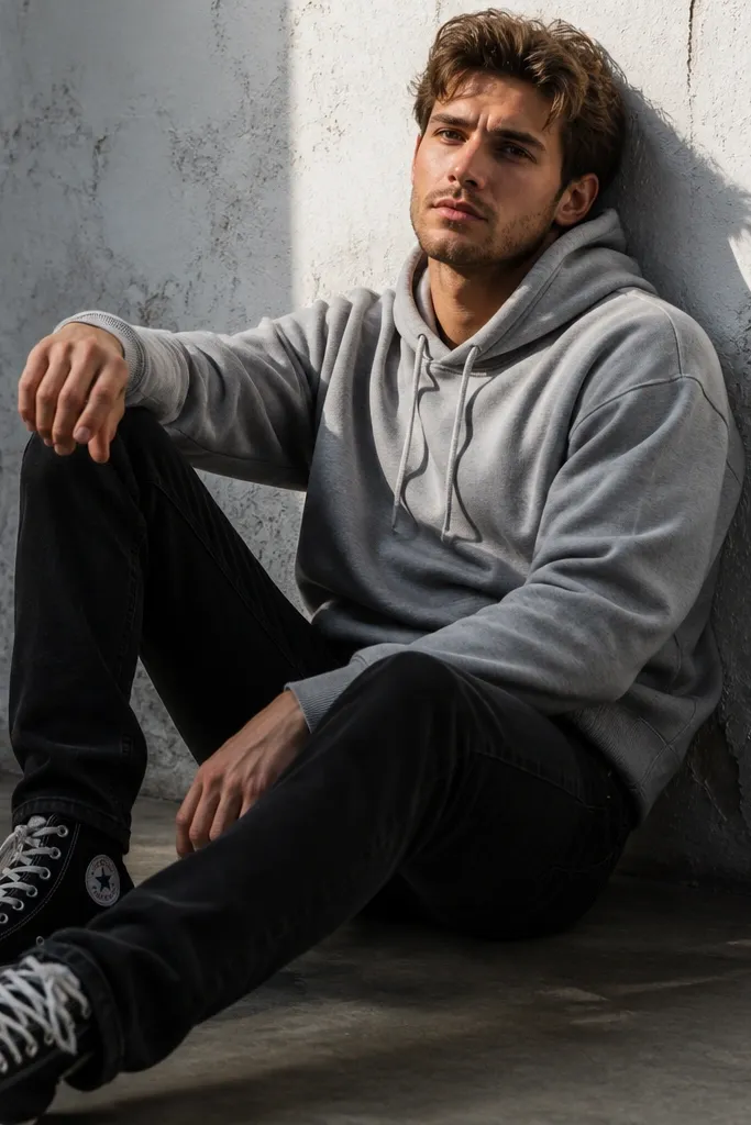 Grey hoodie with black jeans and black high-top Converse sneakers