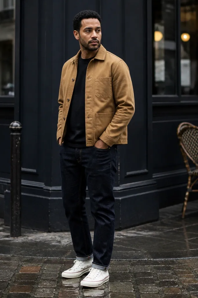 Tan chore jacket over dark jeans with white low-top Converse