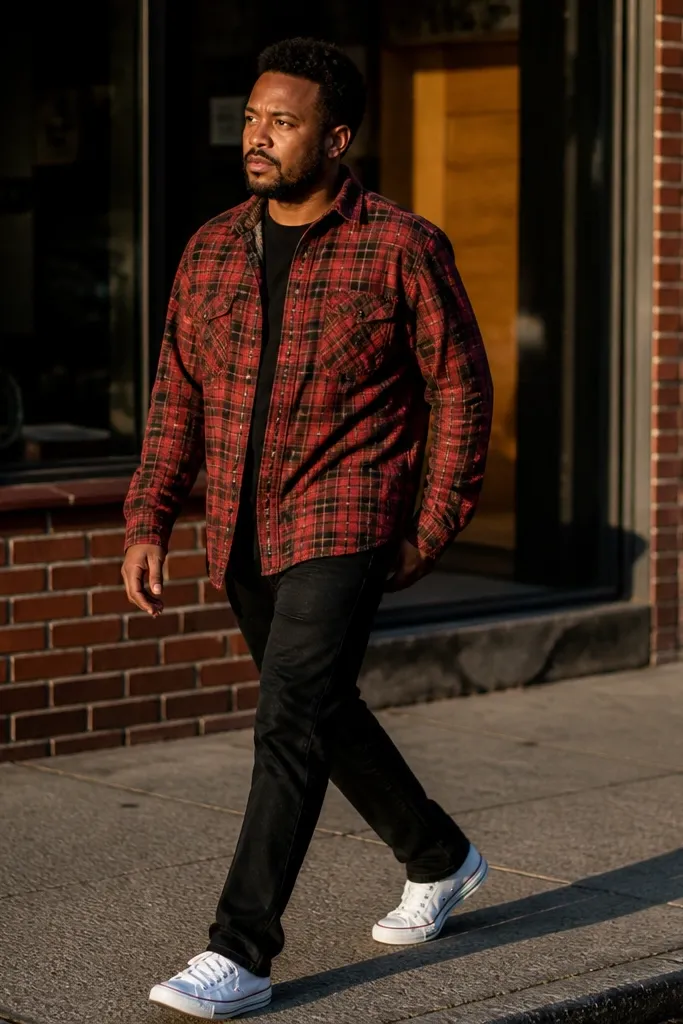Red flannel overshirt with black jeans and white low-top Converse