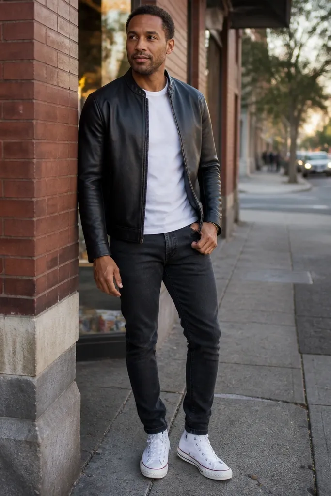 Black leather jacket over a white tee with white high-top Converse