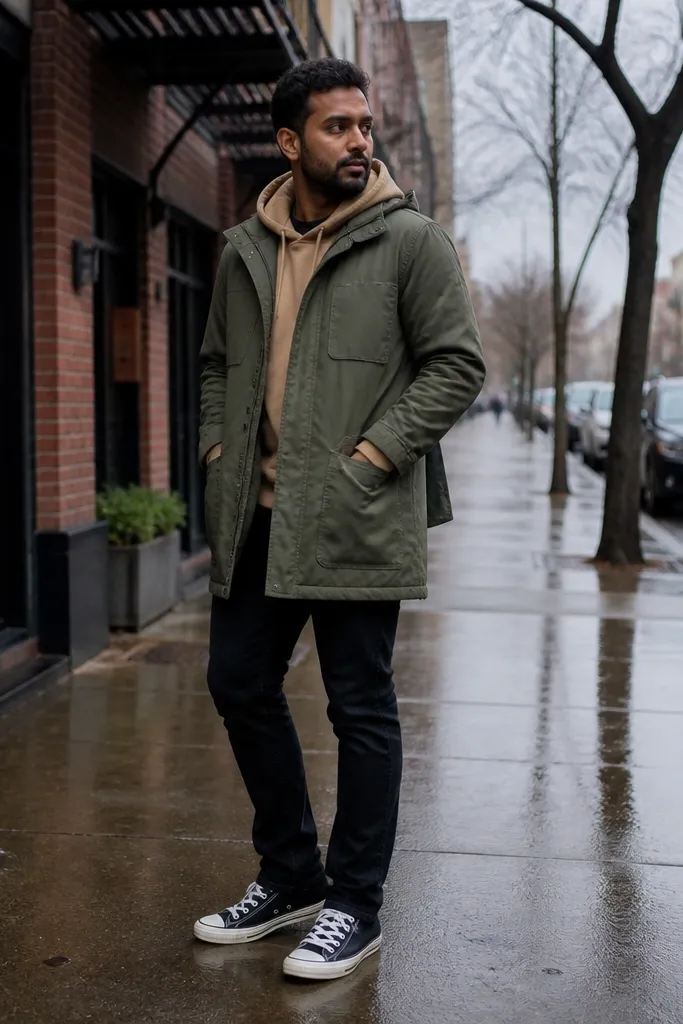 Olive parka over a tan hoodie with black low-top Converse