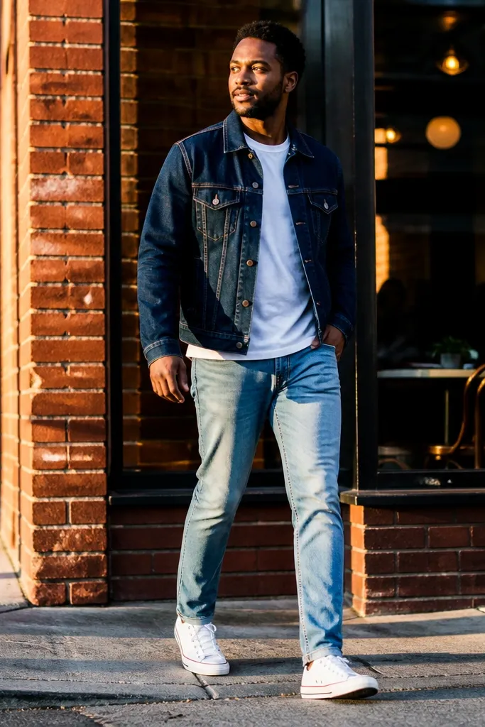 Indigo denim jacket over a light tee with light jeans and white Converse low-tops