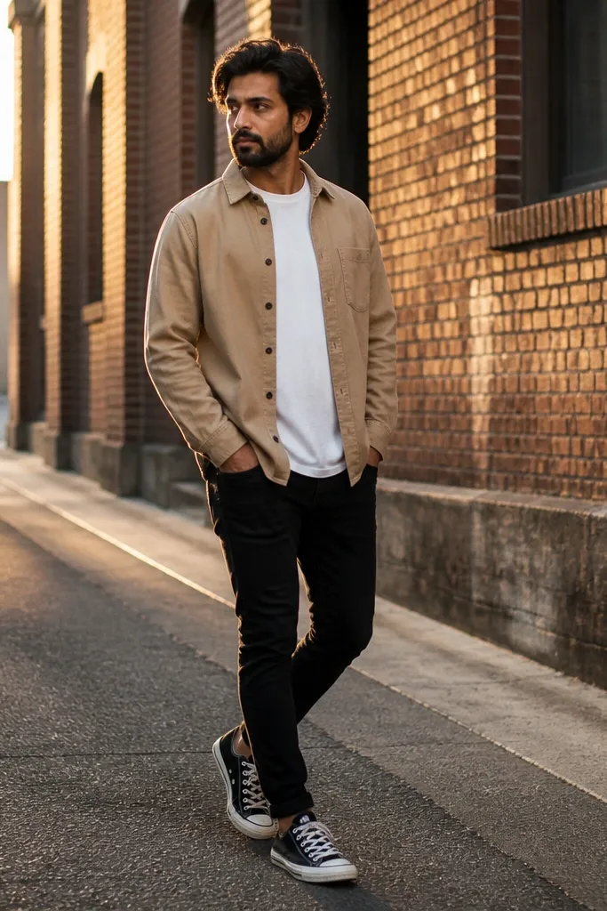 Sand overshirt with black skinny jeans and black low-top Converse sneakers
