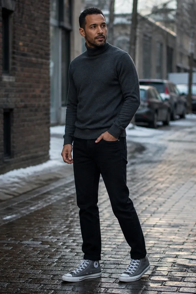 Charcoal turtleneck with black jeans and grey high-top Converse sneakers