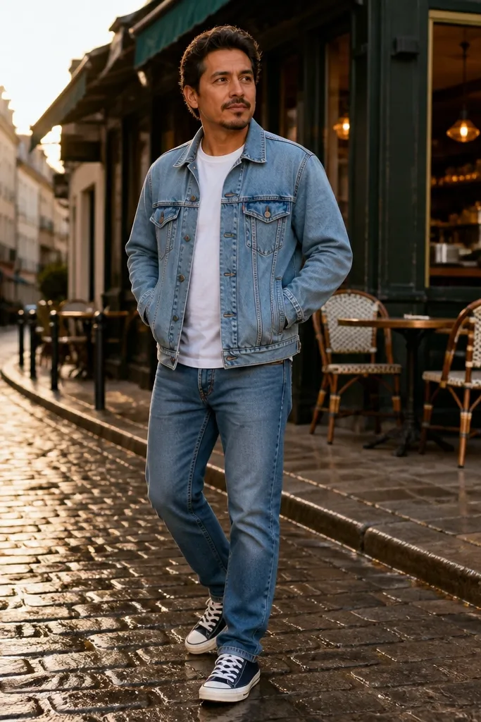 Light blue denim jacket with white tee and navy low-top Converse sneakers