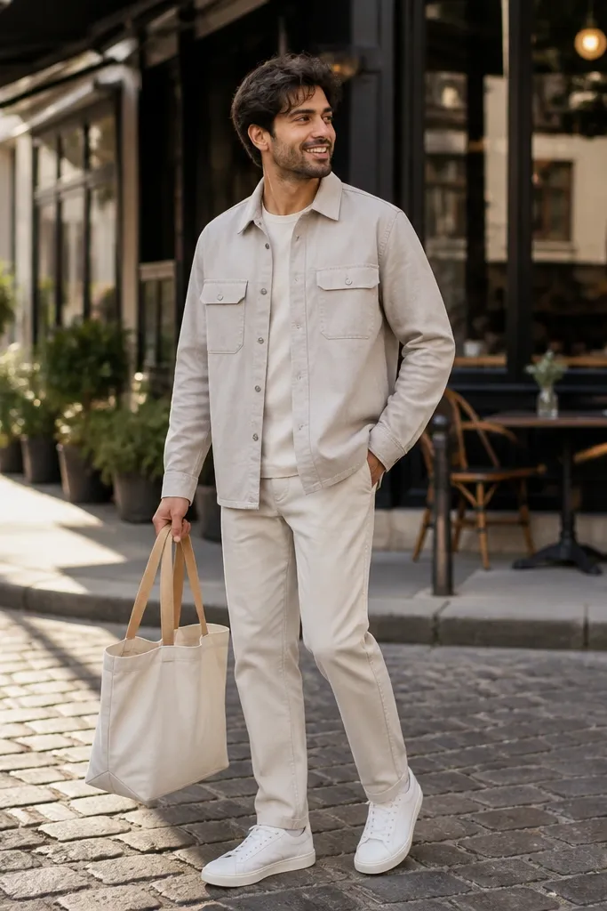 Beige overshirt and beige pants with white low-top Converse and a canvas tote