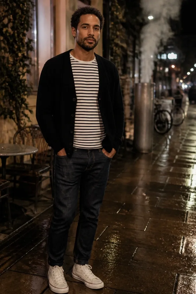 Black knit cardigan over a striped tee with white high-top Converse