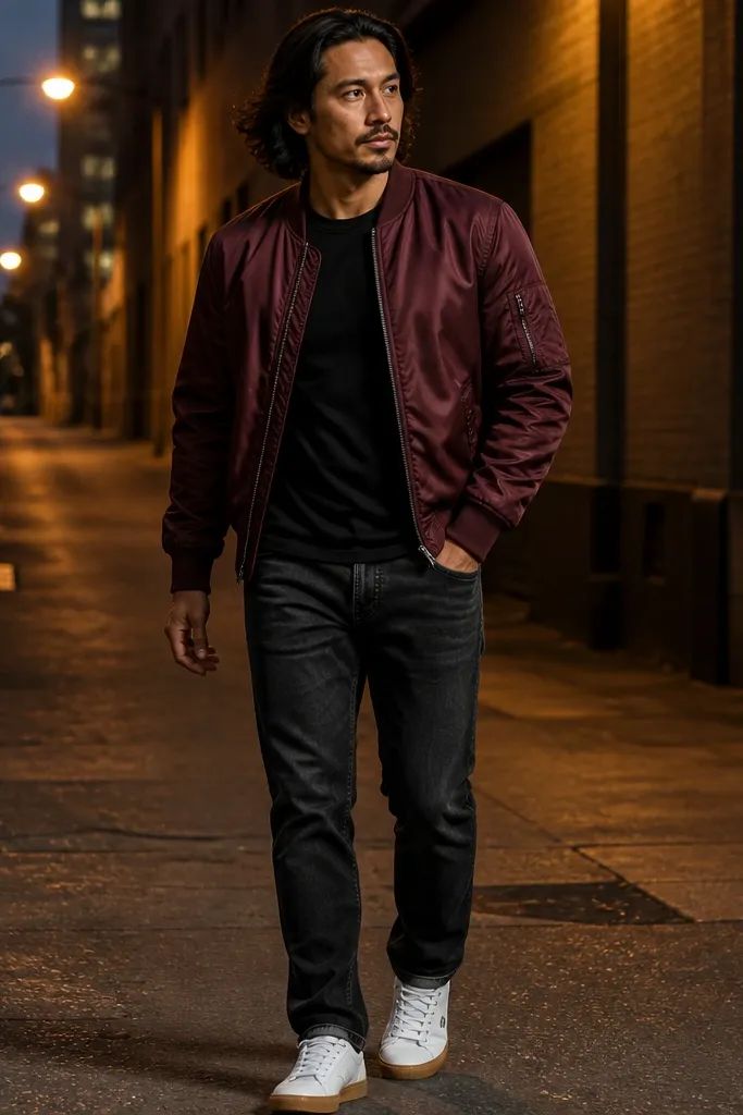 Burgundy bomber jacket with black tee and white low-top Converse sneakers