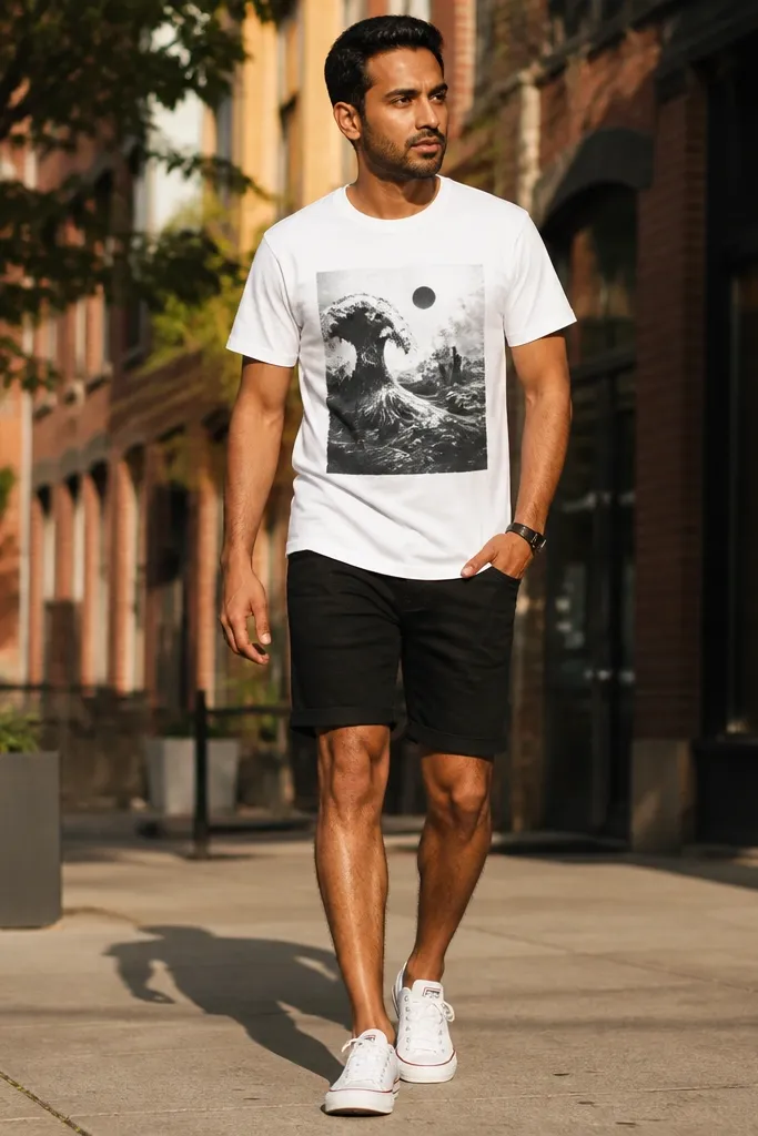 White graphic tee with black denim shorts and white low-top Converse
