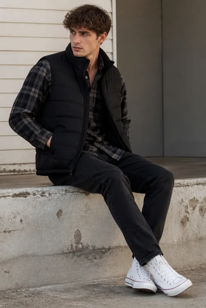 Black vest over a flannel shirt with dark jeans and white low-top Converse
