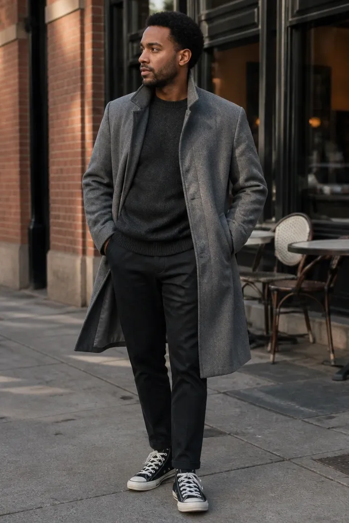 Grey overcoat over dark trousers with black high-top Converse sneakers