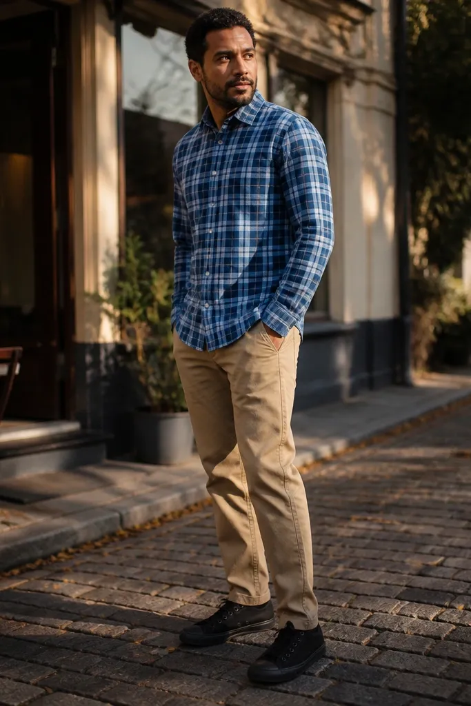 Blue plaid shirt with tan chinos and black low-top Converse sneakers