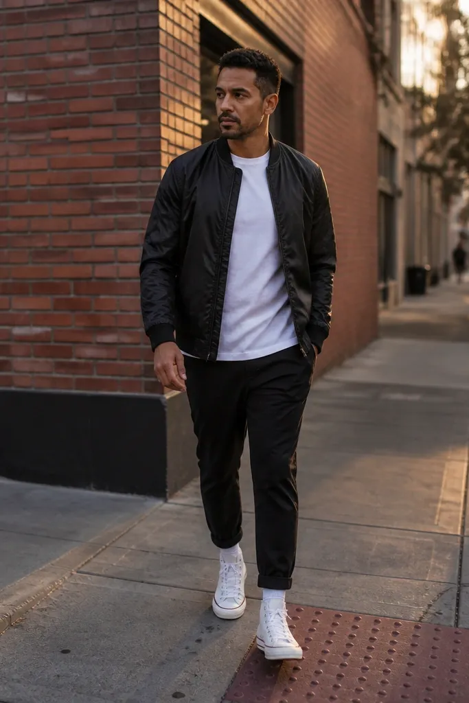 Black track pants with white tee and white high-top Converse sneakers
