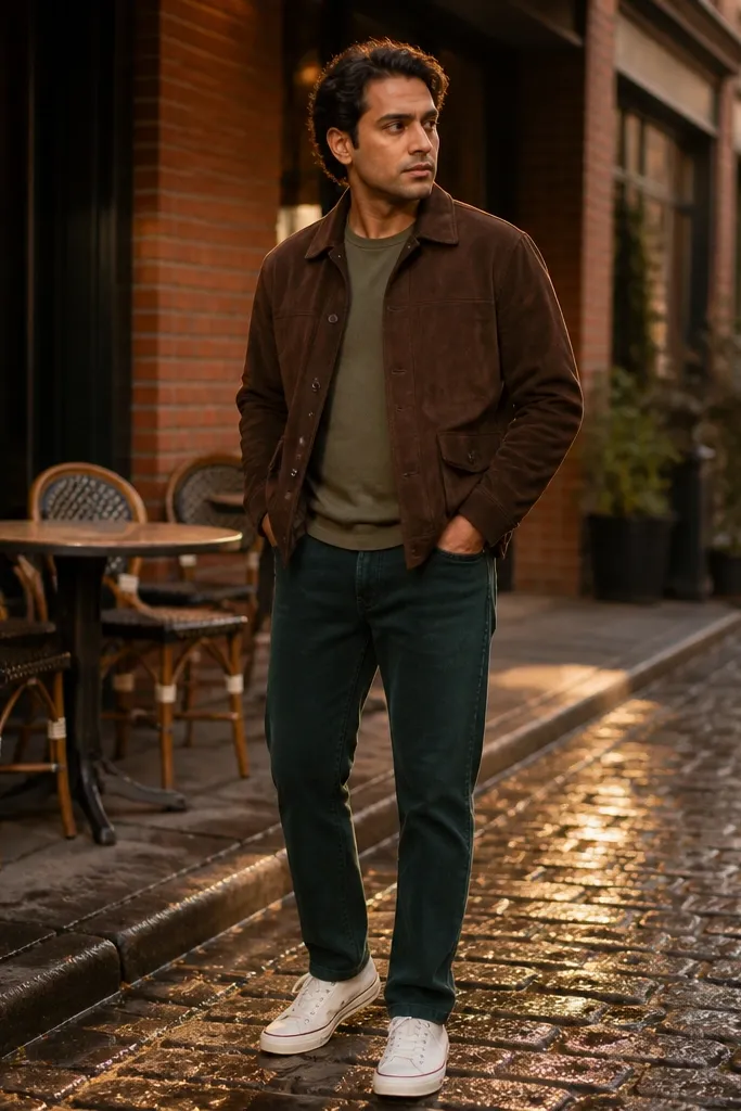 Brown suede jacket with olive tee, olive jeans, and white low-top Converse