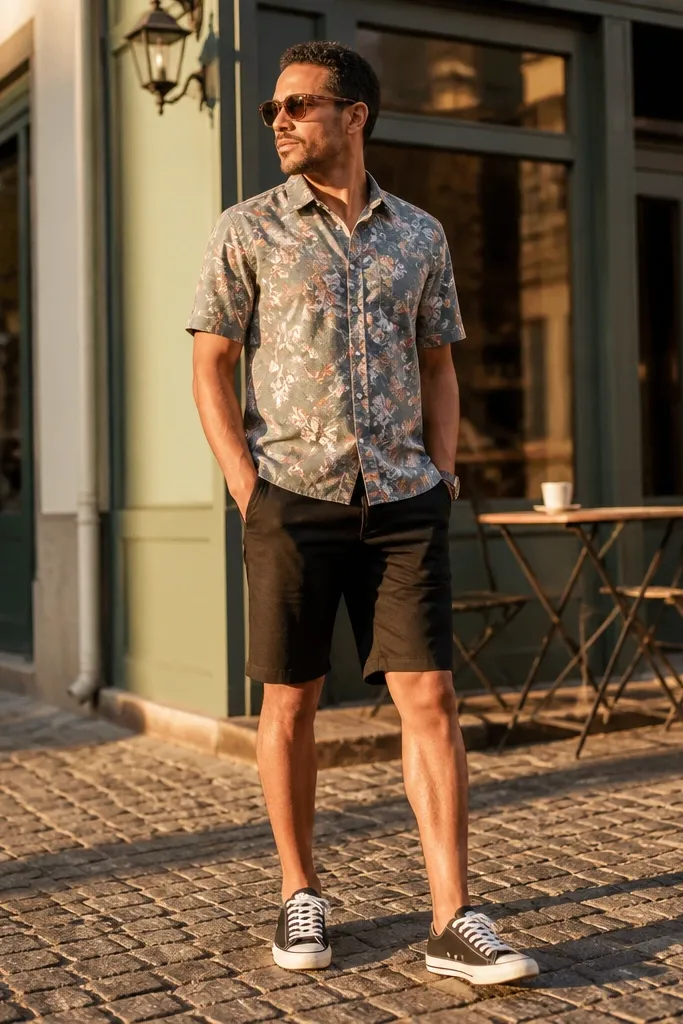 Patterned short-sleeve shirt with solid shorts and black low-top Converse