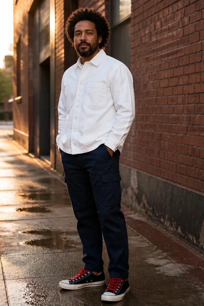 White chore shirt with navy cargo pants and red-laced black Converse
