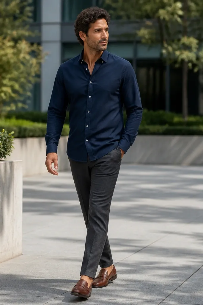 Navy oxford shirt with dark charcoal chinos and brown loafers