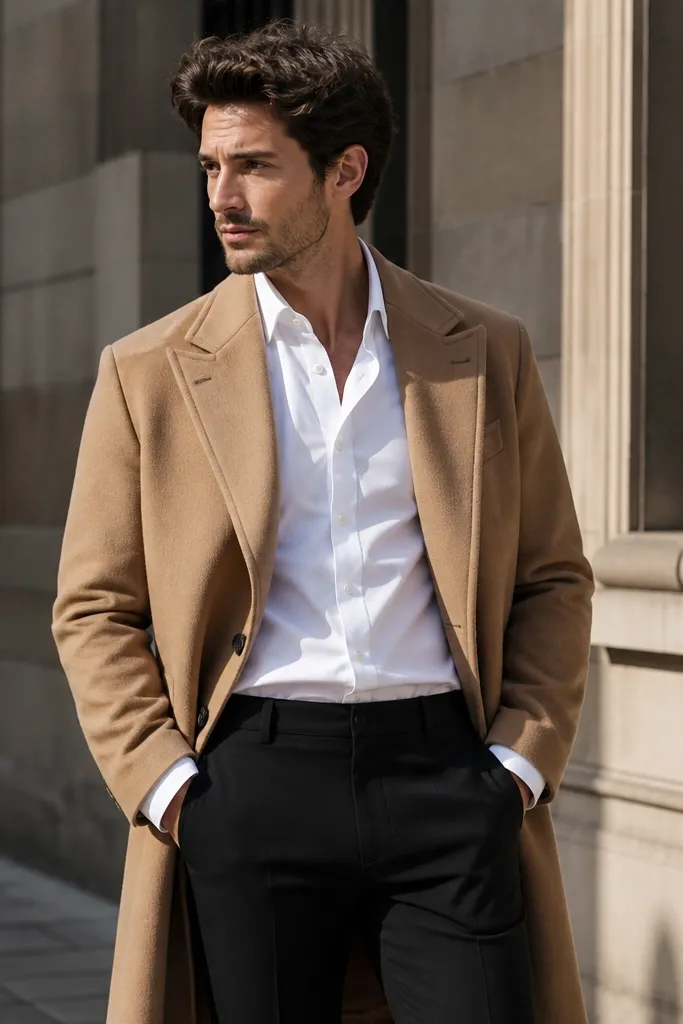White poplin shirt with camel overcoat and black trousers