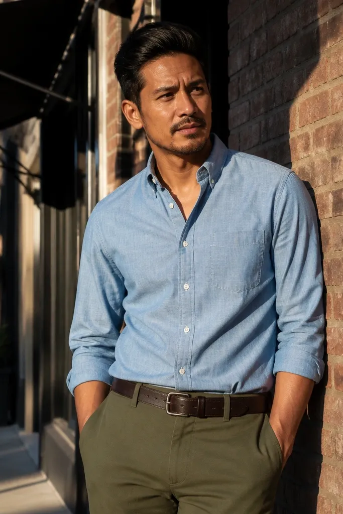 Light blue chambray shirt with olive trousers and dark brown belt