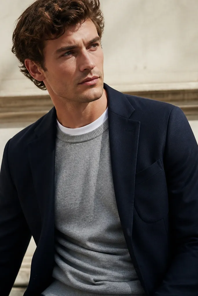 Heather gray crewneck sweater layered under a navy blazer with a white tee
