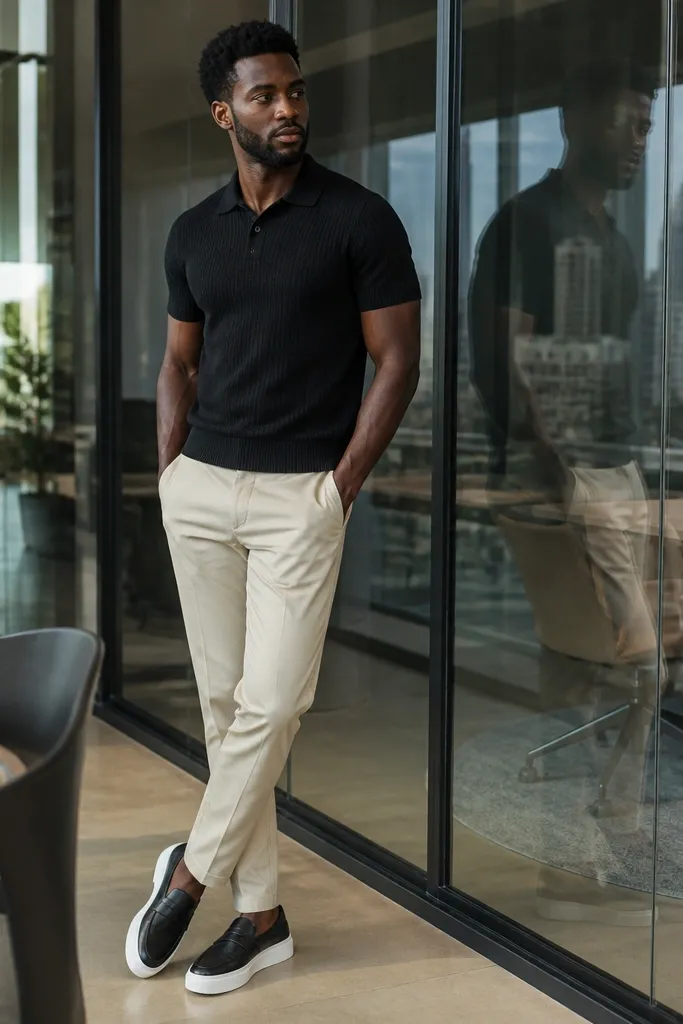 Black knit polo with stone chinos and loafers with a light sole