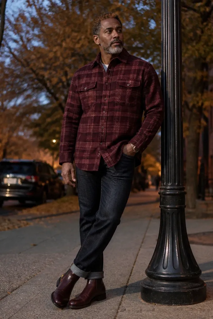 Burgundy flannel shirt with dark denim jeans and brown Chelsea boots