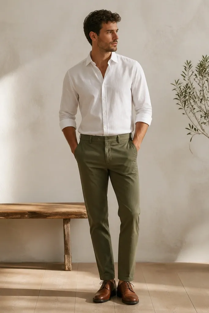 White twill shirt with olive tapered trousers and cognac derby shoes