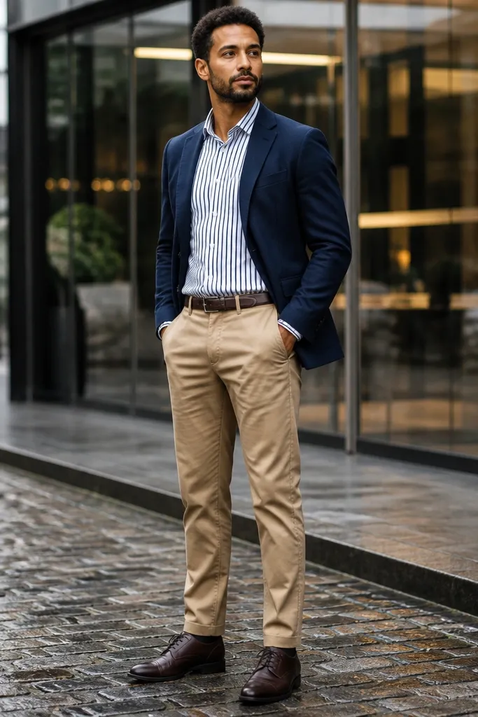 Blue-and-white striped dress shirt with navy jacket and tan chinos