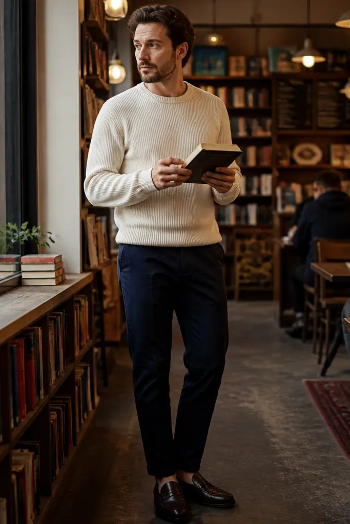 Cream crewneck sweater with navy trousers and dark brown loafers