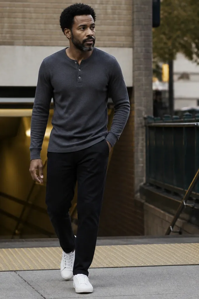 Charcoal henley shirt with black chinos and minimal white sneakers
