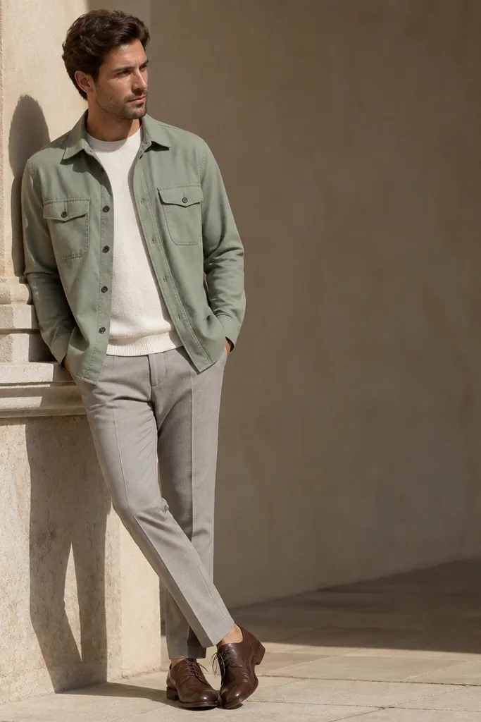 Sage overshirt with light gray trousers and brown derby shoes