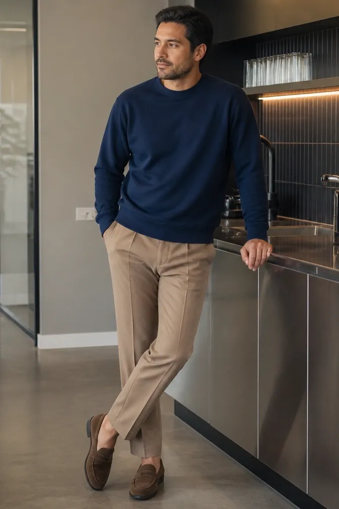 Navy crewneck sweatshirt with tan suit trousers and loafers