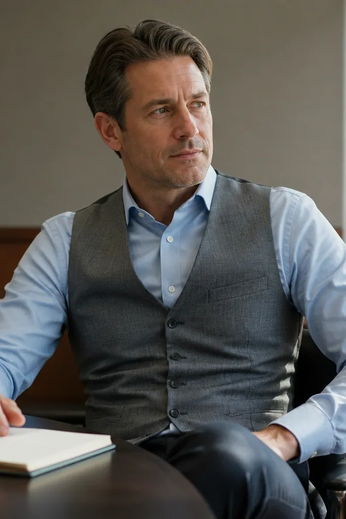 Light blue dress shirt with gray vest and charcoal trousers