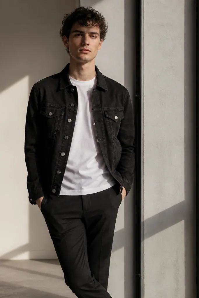 Black denim jacket over a white tee with slim trousers
