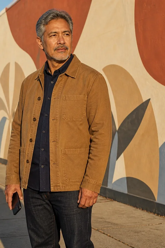 Tan chore jacket over a navy button-down with dark denim jeans