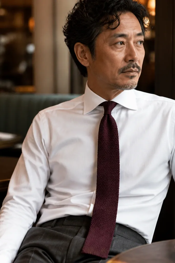 White dress shirt with burgundy knit tie and gray trousers
