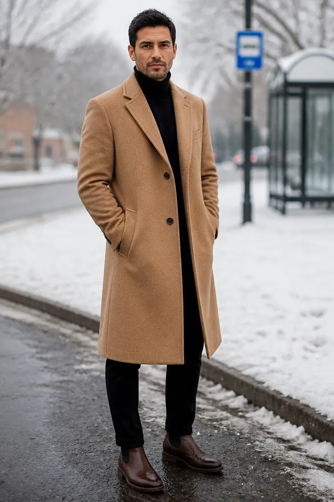 Camel overcoat over a black turtleneck with brown leather boots