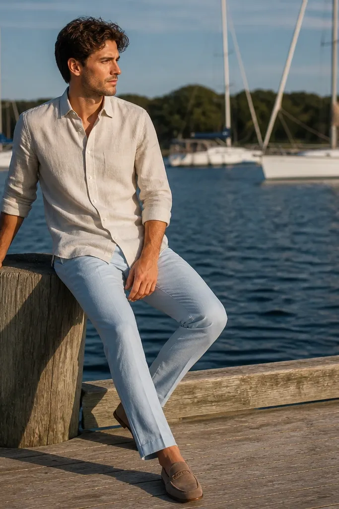 Cream button-up with light blue chinos and suede loafers